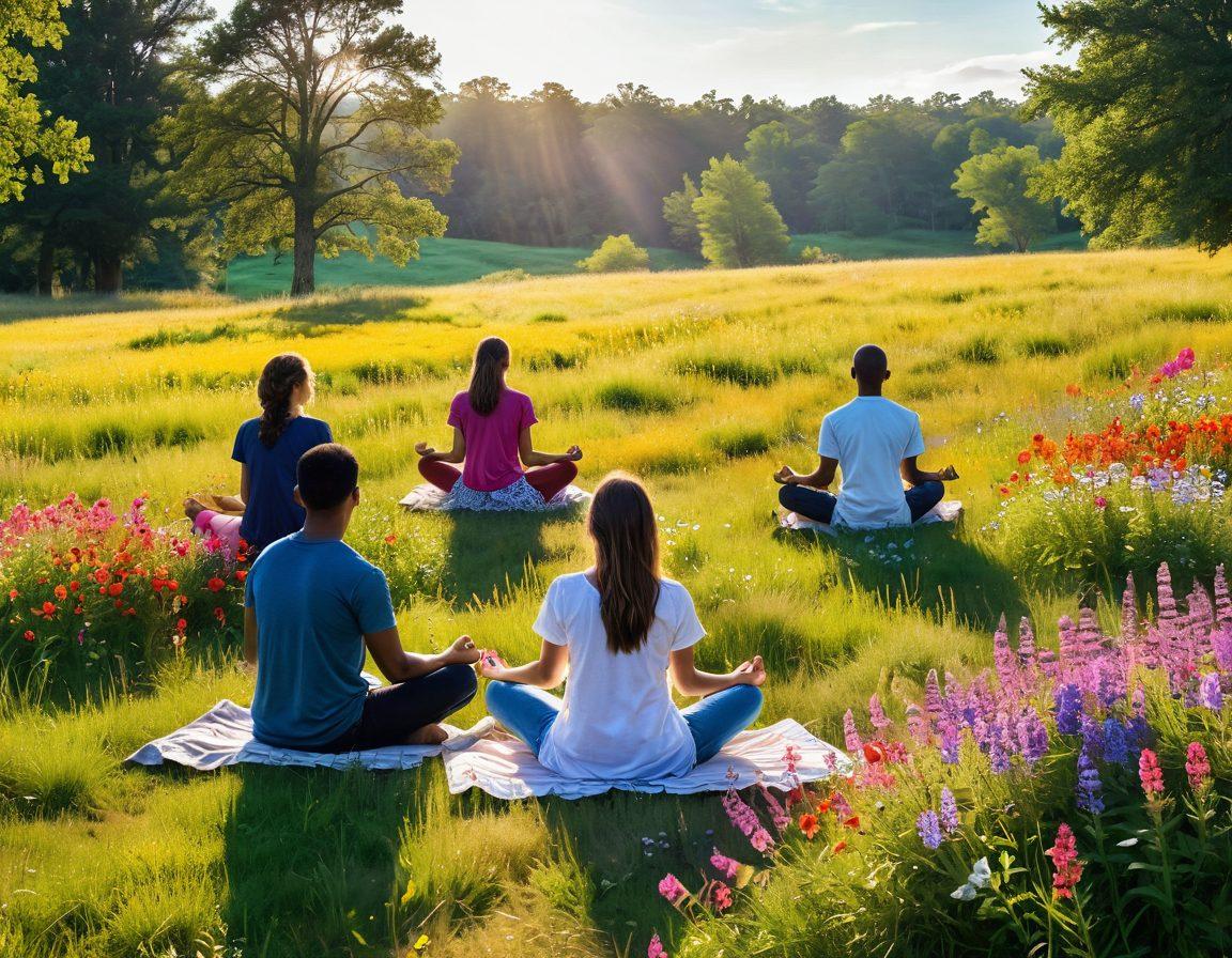 A serene landscape featuring a brightly lit meadow filled with colorful wildflowers, symbolizing growth and joy. In the foreground, a diverse group of people engaged in various joyful activities such as laughing, meditating, and sharing stories, conveying a sense of community and happiness. Soft, warm sunlight bathes the scene, enhancing the feelings of contentment and well-being. super-realistic. vibrant colors. peaceful atmosphere.