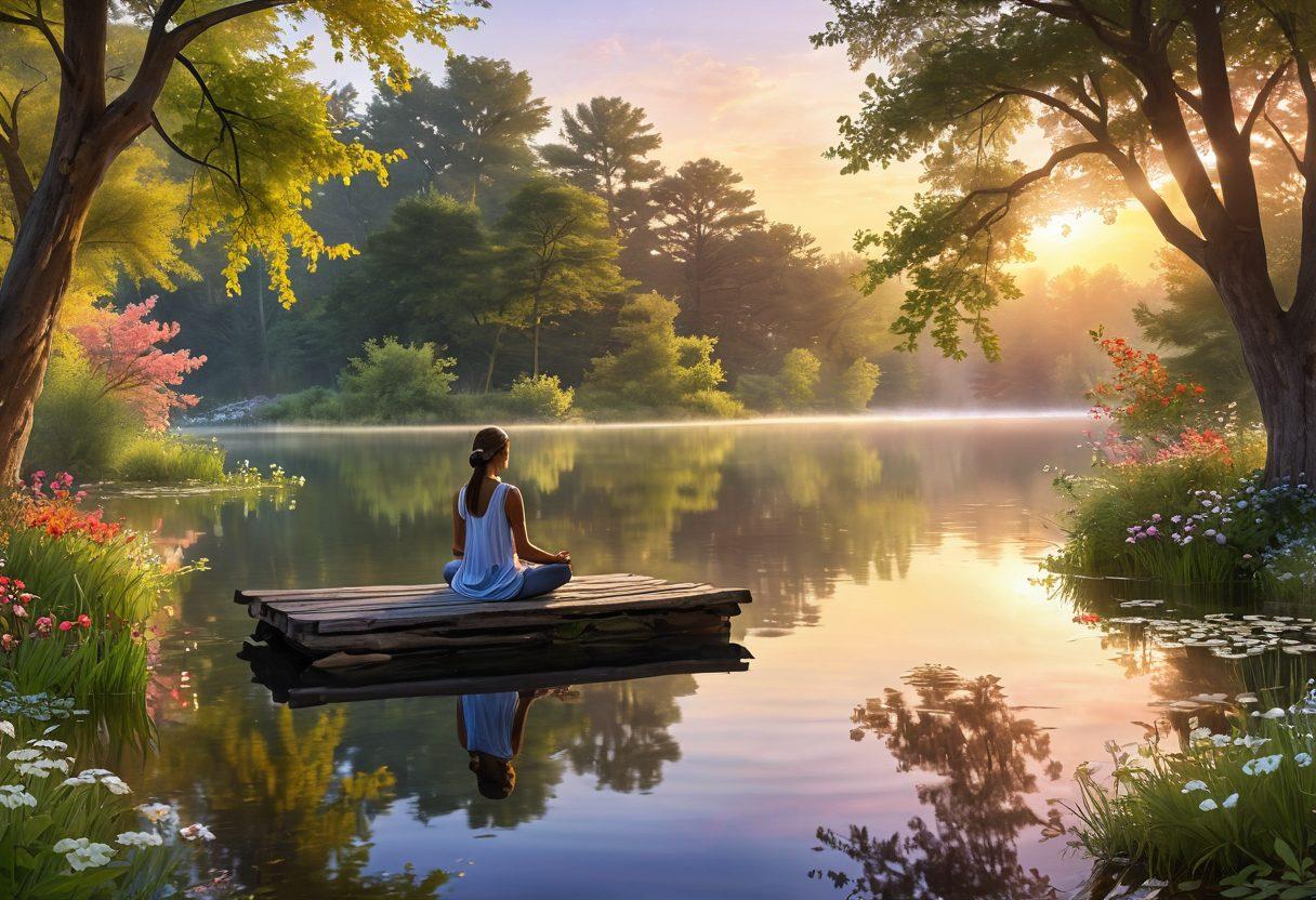 A serene landscape featuring a peaceful person meditating by a tranquil lake at sunrise, surrounded by flourishing trees and blooming flowers to symbolize emotional health and happiness. Soft, warm light radiates from the horizon, enveloping the scene in a comforting glow. Include floating symbols of joy like butterflies and hearts in the air. super-realistic. vibrant colors. serene atmosphere.