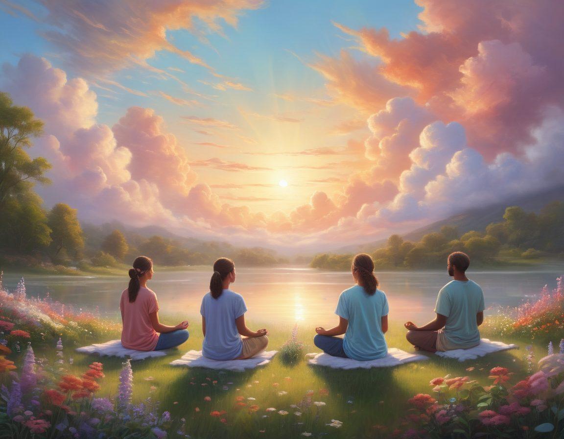 A serene landscape showcasing a sunrise breaking through fluffy clouds, symbolizing hope and new beginnings. In the foreground, a diverse group of people engaging in meditation and joyful activities, radiating positivity and connection. Gentle streams and blooming flowers surround them, illustrating natural beauty and well-being. Soft pastel colors enhance the uplifting atmosphere. super-realistic. vibrant colors. idyllic scenery.